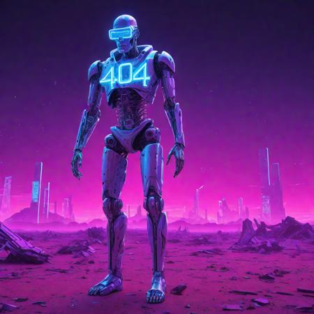 Illustrate a cyborg wandering in a neon-lit, digital wasteland, searching for a lost data fragment, with a giant, glitching "404"++ text hologram in the background. 