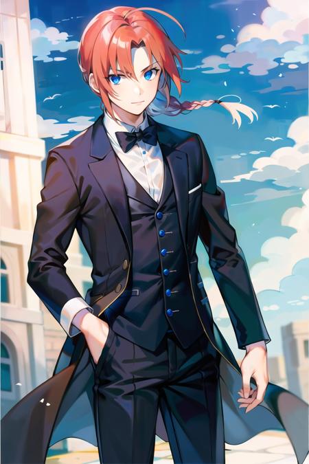 best quality, masterpiece, 1boy, solo, kamuiv1,  <lora:kamui-10:0.8>,tuxedo,