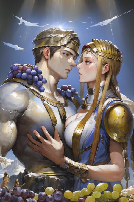 iuui, nababa, takayama toshiaki, masterpiece, best quality, ancient greece, 1boy, 1girl, hetero, zeus, athena, embracing, eye contact, romantic, grapes, greek columns, tunic, manly, large breasts, romantic, light rays, mount olympus