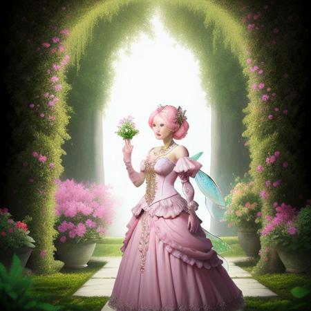 A woman with elaborate fairy-like clothing; the woman has pink skin and fairy clothing, the woman poses in a beautiful garden