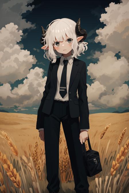 sheep girl, horns, black suit, tie, black pants, white hair, bored, head tilt, looking at viewer,
tall grass, surrounded by wheat, outdoors, overcast,
surreal