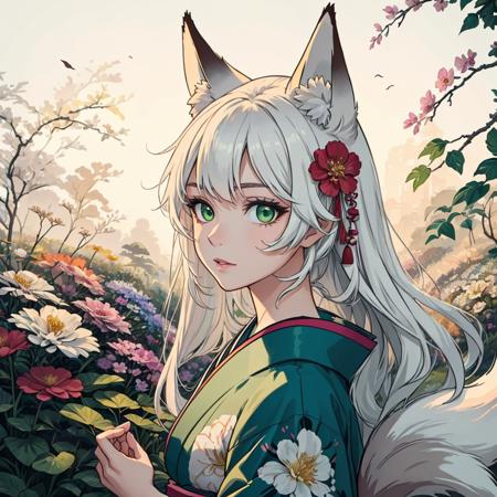 1girl, solo, detailed face, detailed eyes, green eyes, white hair, long hair, fox ears, fox tail, kimono, (abstract), (flowers), (flower), leaves, garden scenery, (sfw), <lora:ink-0.1-3-b28-bf16-D128-A1-1-ep64-768-DAdaptation-cosine:0.8>