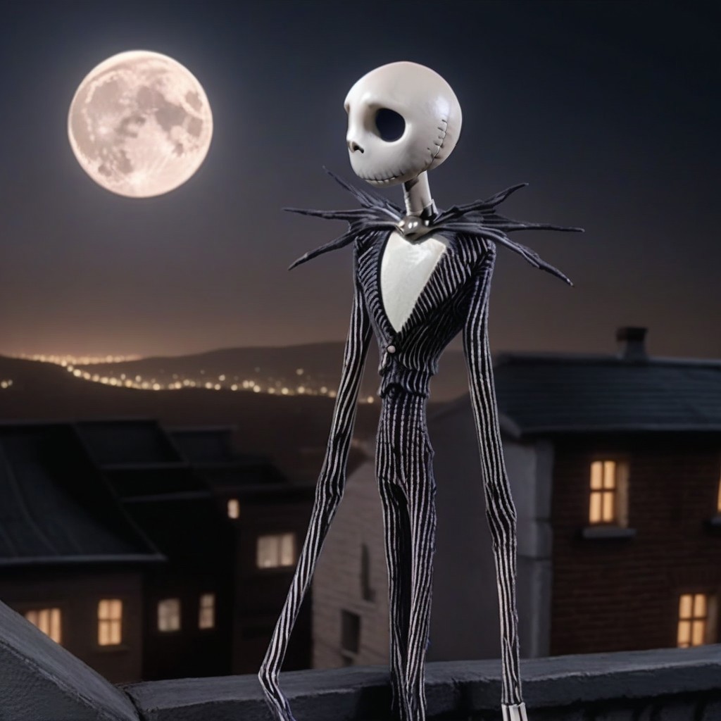 "JackSkellington1024"++  on a roof top overlooking the town below, and his wife (sa_lly)+++,  night time with large moon in background,  8k, refined detail, clear, sharp details.