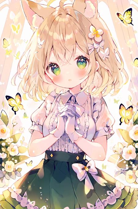 cute style, 1girl, solo, blush, white shirt, green eyes, hair between eyes, hands up, white gloves, butterfly, looking at viewer, short sleeves,  green skirt, interlocked fingers, animal ears, light brown hair, hair flower, white flower, white bow, own hands together, center frills, upper body, covered mouth