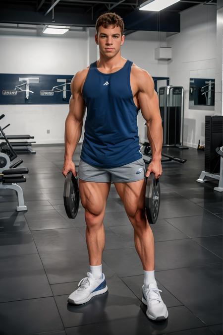 professional commercial gym, weight room, LoganRobbins, sexytrainer, blue tank top, gray shorts, white socks, black sneakers, (looking at viewer), masterpiece, (((full body portrait))), wide angle,   <lora:Clothing - Sexy Personal Trainer:0.65> <lora:LoganRobbins:0.75>