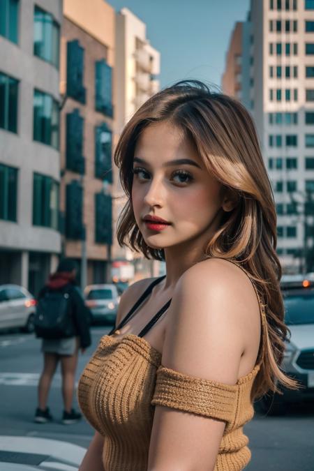 glamour photo of tanisapena, amidst a bustling city, upper body framing, in a street photography setting, golden hour lighting:1.3), shot at eye level, on a Fujifilm X-T4 with a 50mm lens, <lora:tanisapena-14:0.9>