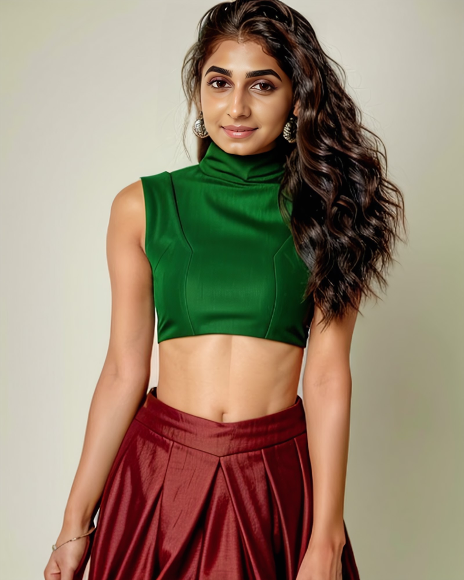 portrait photo of a vdka:0.8 woman, wearing intricate high-neck red and green ghagra choli, solo, smiling, nose piercing, ...