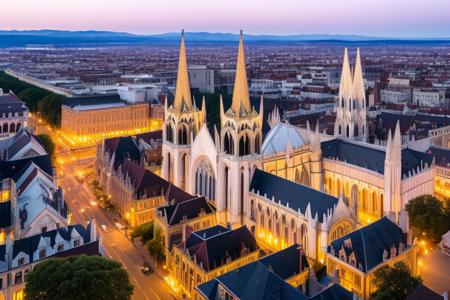 wide angle aerial view, dvArchGothic and dvArchVictorian style buildings, professional architecture photography, 16mm, f8, portrait, photo realistic, hyperrealistic, orante, super detailed, intricate, dramatic,dramatic sunset lighting, shadows, low contrast, desaturated