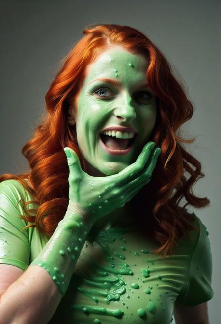 extremely happy redhead girl covered in acidzlime, bedroom in the background