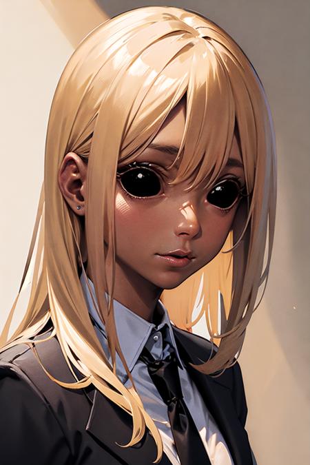 portrait, blonde  woman in suit, looking at the camera, realistic,
 <lora:blackeyes-v1:1>