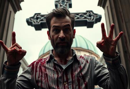 “Posaman, portrayed by Italian actor and comedian Lillo, should be reimagined in a chilling, blood-splattered style, highlighting his exaggerated, quirky poses with an unsettling twist. Using Panavision Prime lenses, capture every detail of his expressive face, short beard, and casual-yet-confident demeanor, now tinged with a sinister edge. In the background, a massive Celtic cross looms ominously, framed by a pastel green dome, both streaked and splattered with dark, fresh blood that drips and pools in unsettling patterns. His lifelike clothing is soaked in crimson splashes, adding a visceral layer to the hyper-realistic textures of the scene. His exaggerated, grotesque poses, coated in blood, create an intense blend of dark humor and horror, amplifying his macabre comedic style with an eerie, raw authenticity.”