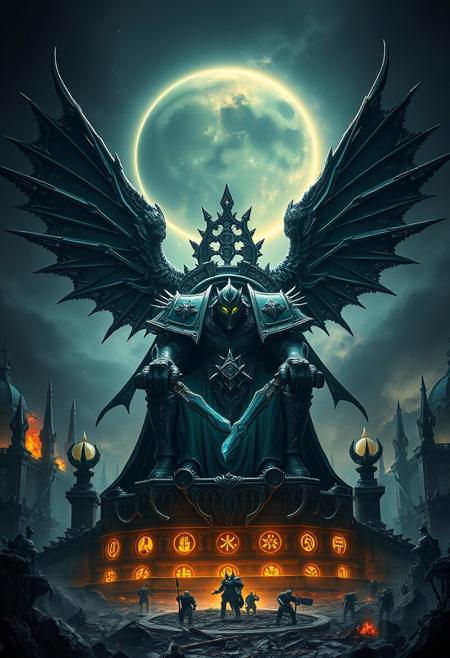 dark sci-fi, Warhammer 40k, imposing figure, throne, massive wings, gothic armor, ornate details, grimdark atmosphere, eclipse in the background, dark celestial sky, ruined battlefield, futuristic gothic architecture, glowing symbols, chaos and destruction, dramatic shadows, cinematic lighting, photorealism, powerful, space marine, chaos lord, intricate design, glowing eyes, warhammer style, dark fantasy, galactic empire, space gothic, high resolution, epic scale, ((masterpiece))