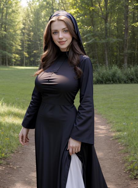 mekoyn1, 1girl, solo, long hair, breasts, looking at viewer, blue eyes, large breasts, realistic, outdoor, nature, smile, Cassock, Intricate