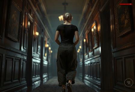 masterpiece portrait of woman walking down a mansion hallway::1.4, video game concept art style::1.2, semi-realistic 3D render art::1.1,
(physical description: pudgy build, not skinny or obese, sturdy posture, mature proportions, hands clasped behind back:1.1),
(facial features, expression: not visible, back-facing view:1.0),
(clothing details: dark fitted top, long skirt or tactical cargo pants, utilitarian footwear:1.0),
(accessories: none visible from rear view:0.9),
(background setting: richly decorated dimly lit hallway in a vintage mansion, with wooden wall panels, sconces, and antique paintings:0.9),
(lighting style: moody cinematic lighting with warm shadows and directional highlights from wall sconces:0.8),
(composition and camera framing: third-person video game view from slightly behind and above, full body shot, centered in frame:1.0),
(emotional tone or theme: immersive, suspenseful, exploratory atmosphere:0.9),
(technical execution: includes a video game-style HUD with red health bar in the top right corner and a minimap with icons in the lower left:0.8)