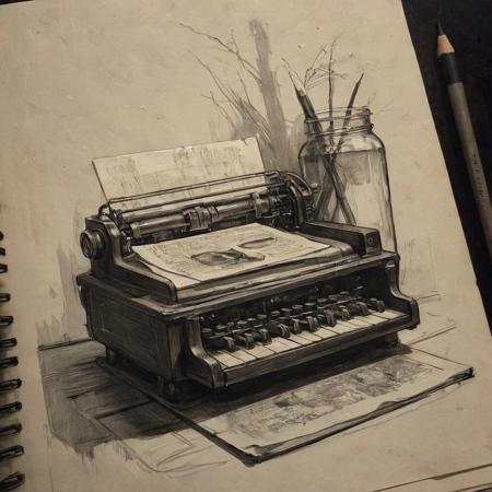 a sketch by By Casey Baugh, a graphic illustration, Sketch in the style of Leonardo da Vinci's sketches of a concept machine, masterpiece, best quality. sketch of a diary on a bedside table, night time, contrast lighting, external lighting creates a subtle illumination effect. Charcoal and crayon on (parchment:1.2) with very fine colored touches, (shadings:1.1), (loose lines:1.2), Schematic, Conceptual, Abstract, (etching:1.2),