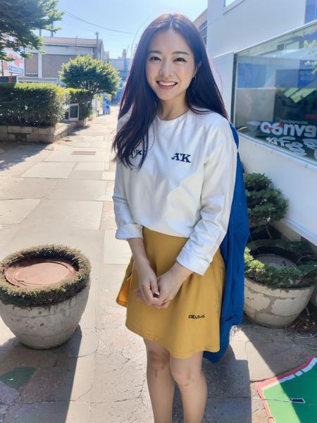 PBYoung, wearing footbal clothes, standing on a city street, smiling, detailed face, (8k, RAW photo, best quality, masterpiece:1.2), (realistic, photo-realistic:1.37), professional lighting, photon mapping, radiosity, physically-based rendering, 1girl  <lora:PBYoungtest:1>