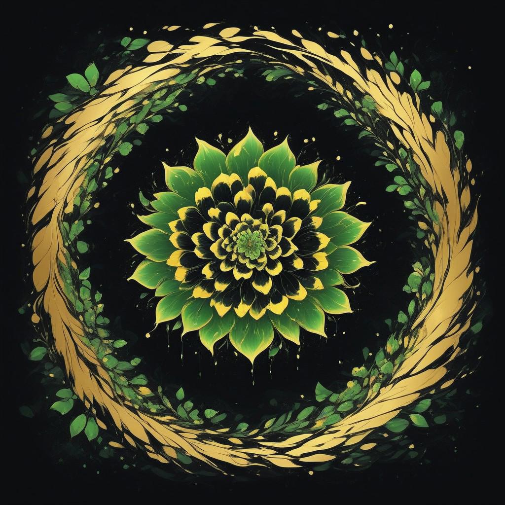 abstractzyrnox, abstract, abstract art, illustration, anime, black and gold, green and gold, ((green flower), simple background, dark background), melting