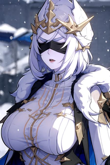 woman, white hair, large breasts, upper body, blindfold,hair ornament, snow, <lora:Guardian_ShadowV1.1:0.8>