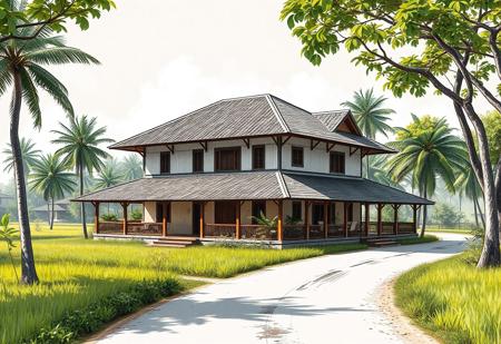 (Ultra-realistic, 32k, Masterpiece, High Quality, Detailed Realistic Background, Official Art, Realistic Lighting, filmfotos).
Sketch design, illustrator art, hyper detail architecture design sketch.
Japandi house, two stories farmhouse, Nearby farmland and garden. Direction connected road. Surrounded by Tropical trees.
60% Primary: Dusty Gray, Taupe.
30% Secondary: Lime Green, Dark Green, Saddle Brown.
10% Accent: Light Salmon, Pale Cyan, Brick Red.