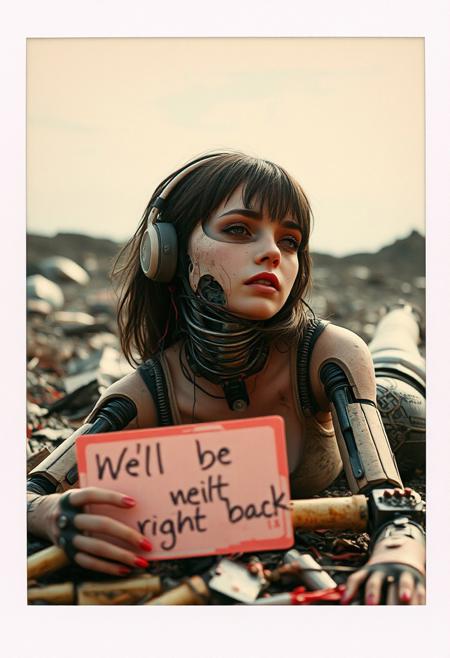biomechanical style Photo of a broken ruined cyborg girl in a landfill, robot, body is broken with scares and holes,half the face is android,laying on the ground, creating a hyperpunk scene with desaturated dark red and blue details, colorful polaroid with vibrant colors, (vacations, high resolution:1.3), (small, selective focus, european film:1.2), with sign "We'll be right back", dappled light, <lora:BioPunky:0.8> , blend of organic and mechanical elements, futuristic, cybernetic, detailed, intricate, Cinematic portrait photography, capture subject in a way that resembles a still frame from a movie, cinematic lighting, story, narrative quality, drawing viewers into the scene and evoking a sense of cinematic immersion, capturing emotion, professional, engaging, compelling composition