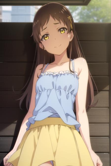 chie sayama, brown hair, (yellow eyes:1.5), hair ornament, hairclip, camisole, blue camisole, bare shoulders, collarbone, skirt, yellow skirt,