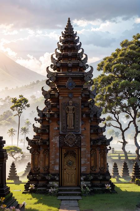 landscape, baligapura gate, stone statue, wall stone, village, detailed, ornament, bali, tree, grass, flower, frangipani flower tree, epic, dawn, fog, dramatic lighting, dim light, bokeh, <lora:ARWBaliGapura:1>  <lora:epi_noiseoffset2:0.4> advntr