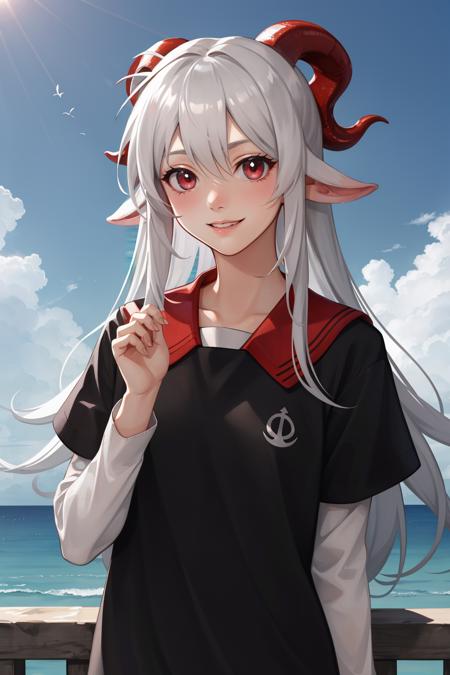 masterpiece, best quality, thedemongirl, black shirt, sailor collar, short sleeves, grey long-sleeve shirt, looking at viewer, upper body, smile, hands together, sky, ocean <lora:thedemongirl-nvwls-v3:0.9>