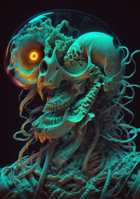 nobody escapes  jellyfish <lora:SPBNZ-v1:1> spbnz, artstyle masterpiece incarnate details glowing skull