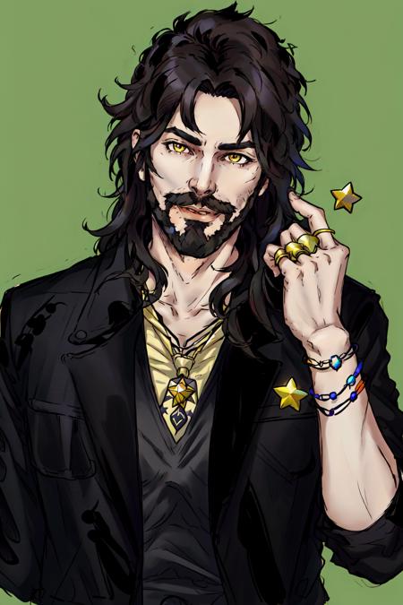 Duskfallcrew Art Style,  solo,  long hair,  looking at viewer,  smile,  simple background,  shirt,  black hair,  1boy,  brown eyes,  jewelry,  jacket,  yellow eyes,  upper body,  male focus,  necktie,  hand up,  necklace,  star (symbol),  vest,  black jacket,  facial hair,  ring,  beard,  green background,  cropped torso,  mustache, <lora:EMS-57370-EMS:0.800000>