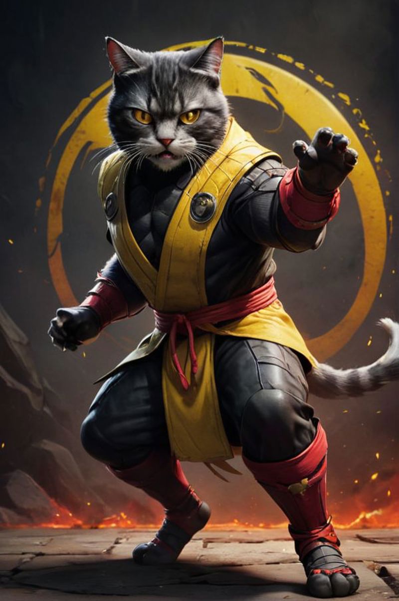 Anime Cat in a Black and Yellow Jumpsuit with a Red Belt.