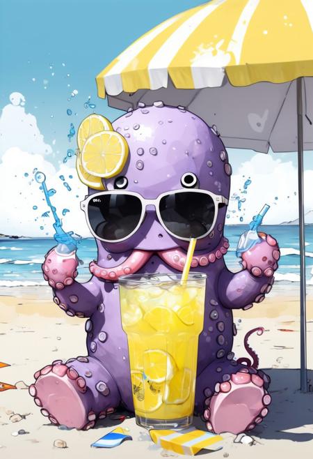 smiling kawaii sumikko octopus wearing sunglasses drinks lemonade at the beach, art by yoji shinkawa and sandra chevrier, trending on artstation, award-winning, perfect composition. Splash, animated, under beach umbrella,
