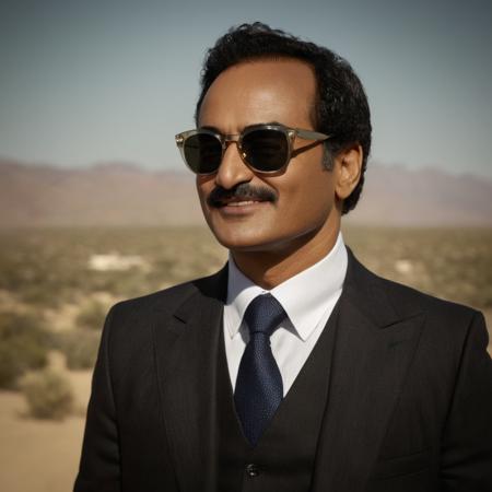 cinematic film still of  <lora:Legion (TV series) style:1>
In Marvel Cinematic Universe Amahl Farouk (Navid Negahban) a man wearing sunglasses and a suit and tie,solo,smile,simple background,shirt,black hair,1boy,jacket,white shirt,upper body,male focus,necktie,collared shirt,facial hair,formal,sunglasses,suit,black background,realistic,mustache , real, detailed, perfection, filmic, film color, different color, film contrast, film saturation, film look, movie, alternate timeline, alternate reality, super power, different, unique, Legion (TV series) style, shallow depth of field, vignette, highly detailed, high budget, bokeh, cinemascope, moody, epic, gorgeous, film grain, grainy