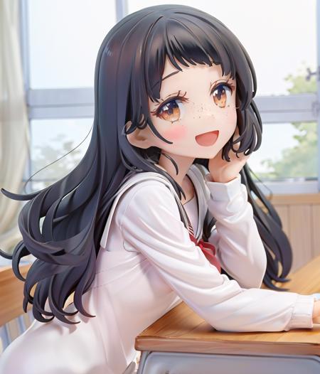 kagami_saya,   solo, 1girl, chair, indoors, school desk, smile, open mouth, classroom, blush, serafuku, brown eyes, white skirt, sailor collar, long sleeves, blunt bangs, window, freckles
<lora:hoshikuzu-diag_oft-bundle-30000:1:1:lbw=1,0,0,0,0,0,0,0,0,0,0,0,0,0,0,0,0,1,1,1,1,1,0,0,0,0>, <lora:pvc:1>