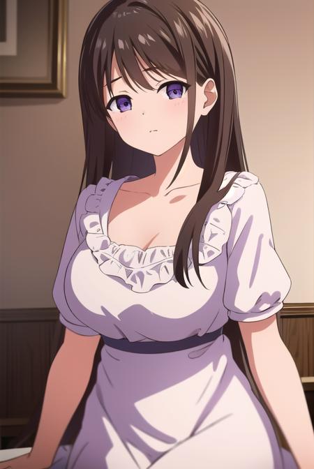 marina akizuki, long hair, brown hair, (purple eyes:1.1), dress, ribbon, collarbone, short sleeves, white dress,