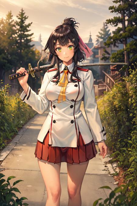 masterpiece, best quality, absurdres, 1girl, solo, KatanaOneHand, holding, blade to side, basic grip, blade down, blade right hand, MaiYanase, hairclip, folded ponytail, hair ribbon, white shirt, yellow bow, long sleeves, buttons, red sailor collar, red skirt, smile, outdoors, forest, <lora:MaiYanase:1>, <lora:KatanaOneHandV5:0.9>