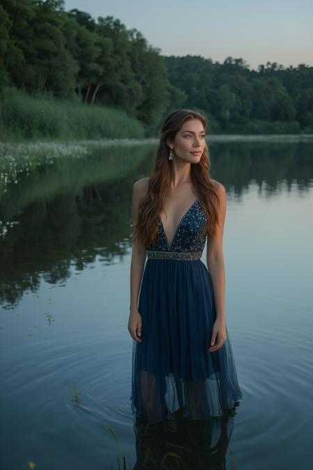 (HD, masterpiece, best quality, hyper detailed, ultra detailed, super realistic),A confident young woman with long brown hair captures a stunning selfie as she explores a tranquil lakeside at dusk. The soft light of twilight casts a serene blue hue over the scene, creating a magical ambiance. She stands in the shallow water, wearing a chic, sheer, navy-blue dress that flows gently around her, its delicate fabric glistening as it catches the fading light. Her long hair cascades down her back, and she smiles warmly at the camera while wearing dainty earrings that sparkle subtly. The backdrop showcases a peaceful lake surrounded by lush greenery and whimsical wildflowers, with gentle ripples in the water reflecting the soft colors of dusk, evoking a sense of calm and beauty in nature. , Movie Still, Film Still, Cinematic, Cinematic Shot, Cinematic Lighting, SDXL Sexy clothing collection, SDXL.lyco neg4all_bdsqlsz_xl_V91, SDXL Hands XL + SD 1.5 + FLUX.1-dev<lora:SDXL Juggernaut Cinematic XL LoRA.safetensors:0.5:0.5> <lora:SDXL Sexy clothing collection.safetensors:0.7000000000000001:0.7000000000000001> <lora:SDXL.lyco neg4all_bdsqlsz_xl_V91.safetensors:0.7000000000000001:0.7000000000000001> <lora:SDXL Hands XL + SD 1.5 + FLUX.1-dev.safetensors:0.7000000000000001:0.7000000000000001>
