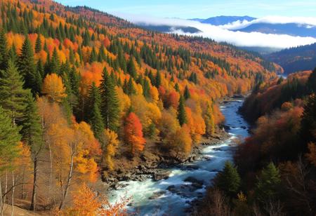 score_9, score_8_up, score_7_up, photo Quality, autumn, scenic setting of a dense forest with beautiful fall colors viewed from a mountain overlook, pockets of fog in the valley below rise above a river that flows through the valley.  The river os fast flowing with a section of rocky rapids