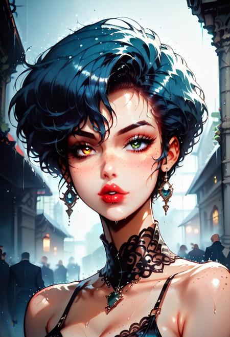 score_9, score_8_up, score_7_up, shot from side, focus on face, 1girl, raining, walking in the rain, coy, suggestive, sultry, seductive, expressiveH, suggestive pose, beautiful, flawless, perfect face, blue hair, pixie cut, (slutty outfit, freckles, lipgloss), large breasts, thick thighs, ample ass, best quality, heterochromia, green eyes, right eye green, hazel eyes, left eye hazel, retro,
BREAK
,highly detailed skin, intricately detailed textures, highly detailed background (city), intricate details, 8K, masterpiece, trending, pulls the viewer in, (highly detailed, intricately detailed), 8k, HDR, shallow depth of field, highly detailed, vivid contrast and color, hyperrealism, photoshoot,Ultra-HD-details, shallow depth of field, highly detailed, high budget, bokeh, moody, epic, gorgeous