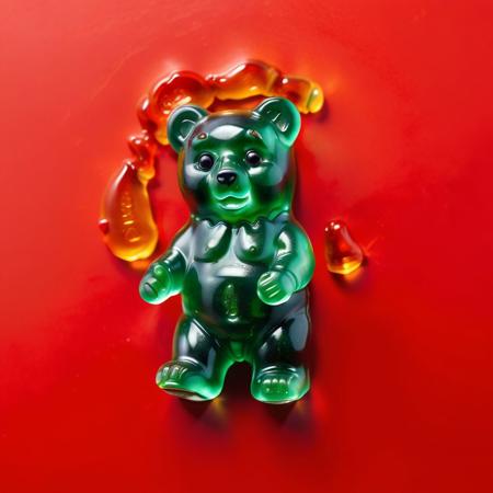 a close up of a gummy bear on a red background, green aura, noise rock album cover, pepper no. 3 5, film still promotional image, carolina reaper, by Pascal Blanch, the yellow creeper, grenade, mutated, superbia, datura, without text, golden earring, lossless. Cinematic. 8K. frameless. 18mm film.