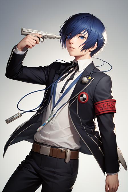 yuki makoto hair over one eye headphones school uniform jacket ribbon armband digital media player