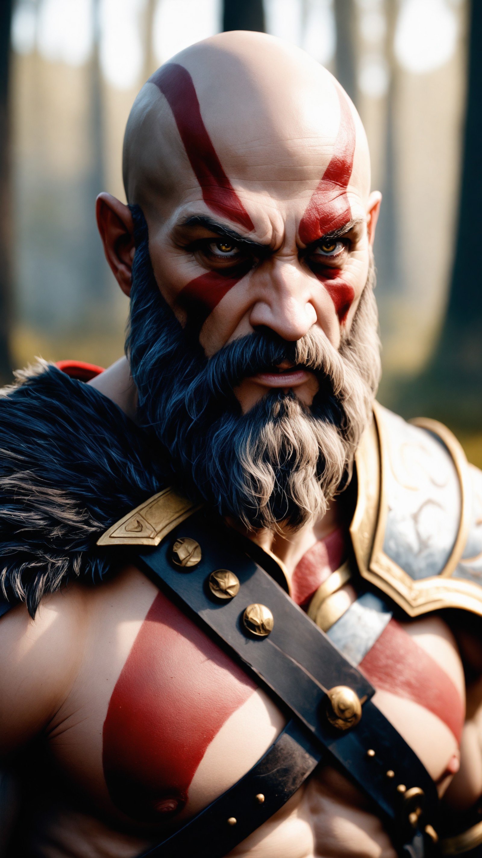 cinematic close up photo of Kratos god of war, 1man, looking at viewer, very angry, rim light, realistic, real photo, real...