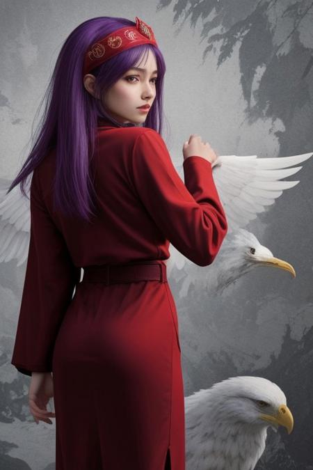 mu shuvuu:
The evil bird in Mongolian legends looks like a little girl with long straight purple hair and bangs on her forehead. Her hair spreads out on the left and right sides of the back of her head to form a pair of wings. Wearing a red bird-head-shaped headband with topaz eyes, a Chinese-style red high-necked long-sleeved dress, a gold belt with an eagle carving, white stockings, and brown boots.
FHD, masterpiece, realistic style.