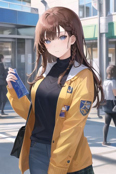 (high quality, high resolution:1.3), 4k, masterpiece, college campus, academic buildings, bustling students, learning ,  <lora:siki_Style-10:1>, 
BREAK 
1girl, solo, Blue Screen of Death eyes, Brown hair , Fishtail braid,   miserable  , outerwear ,  standing, looking at viewer, upper body, cowboy shot, <lora:GoodHands-beta2:1.0><lora:GoodHands-beta2:1.0>