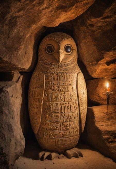Capture an image of an ancient carving adorned with hieroglyphs and simplified, traditionally Egyptian illustrations depicting a Sphinx Like figure but as a Penguin with fish and water hyroglyphs. Let the essence of ancient Egyptian art and mystique come to life on this aged canvas. hanging in a cave, seen with flashlight
, very detailed, hd, RAW photograph, masterpiece, top quality, best quality, official art,highest detailed, atmospheric lighting, cinematic composition, complex multiple subjects, 4k HDR, vibrant, highly detailed, Leica Q2 with Summilux 35mm f/1.2 ASPH, Ultra High Resolution, wallpaper, 8K, Rich texture details, hyper detailed, detailed eyes, detailed background, dramatic angle, epic composition, high quality , (8k, RAW photo, highest quality), hyperrealistic,