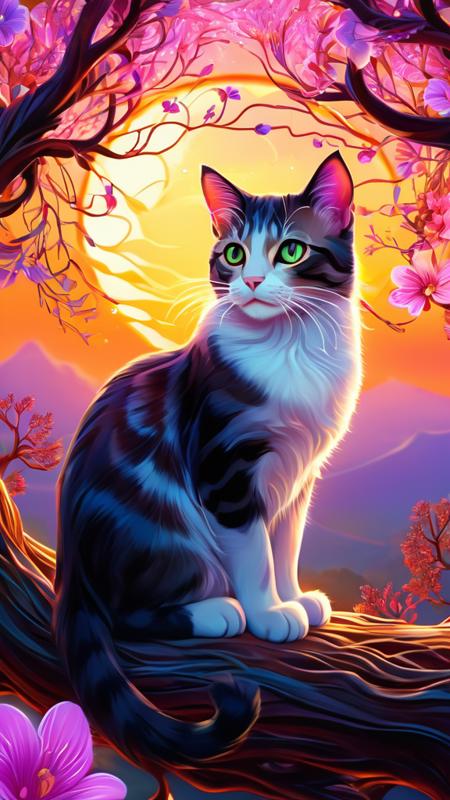 Dreamscape  art,cat, luminism, , mystical, sunset,cute, fantasy, flowers, tree branches, complex background, dynamic lighting, lights, digital painting, intricated pose, highly detailed, cute, filigree, intricated, Mysterious, Mysterious  . Surreal, ethereal, dreamy, mysterious, fantasy, highly detailed
