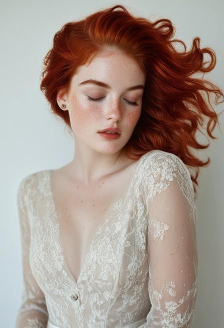 The image is a high-resolution, highly detailed photograph featuring a slender, fair-skinned woman with striking, vibrant red hair styled in a voluminous, windswept manner. Her hair cascades down her back and over her shoulders, with a few strands falling over her face, which she gently touches with her delicate, long-fingered hands. Her skin is adorned with a scattering of freckles, particularly pronounced across her cheeks and nose.
She wears a sheer, beige lace dress adorned with a subtle, intricate floral pattern and small, glossy red buttons that catch the light.rockabilly style, 1girl, solo, realistic, closed eyes, see-through, freckles, dress, white dress, jewelry, parted lips, 1950's