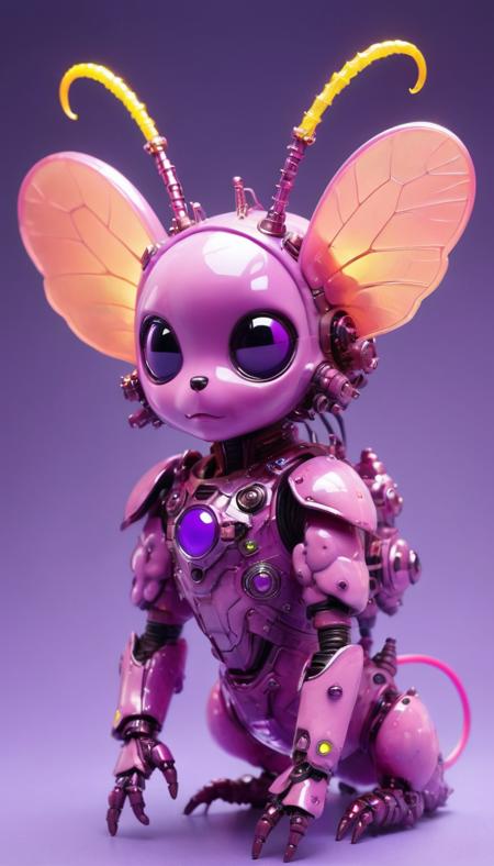 1girl, fur pink with super fluffy face and covered in purple insect-like armor, electrified ant antennae, violet and purple with neon green gears tail, chordophone, best quality, masterpiece