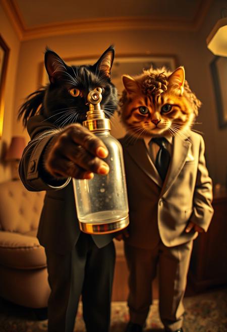 A highly detailed and humorous photo of two anthropomorphic cats recreating the famous "Say what again" scene from Pulp Fiction. One cat, dressed as Vincent Vega, has long black fur, a suit, and a ponytail, while the other, dressed as Jules Winnfield, has curly fur, a suit, and an intense expression. Jules-cat is pointing a chrome-plated water spray bottle directly at the viewer, creating a dramatic first-person perspective. Vincent-cat stands beside him with a calm demeanor, slightly amused. The scene is set in a dimly lit apartment with a tense atmosphere, golden lighting, and a retro aesthetic. The exaggerated perspective enhances the comedic yet intense effect. High-definition, cinematic composition, with vivid details and a Tarantino-style dramatic flair.