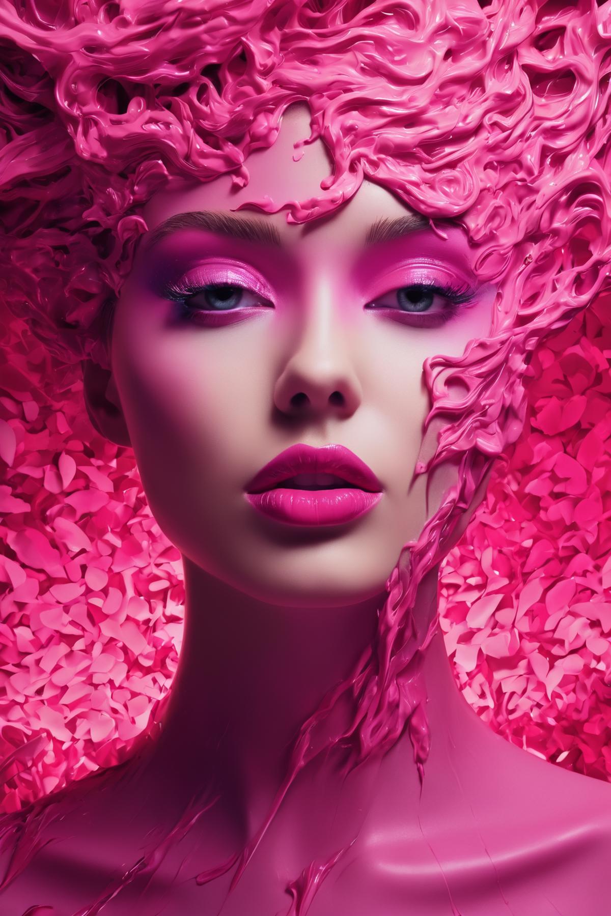 A woman with pink makeup on her face and a pink background.