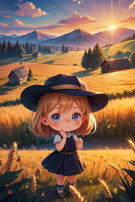 masterpiece,best quality,landscape,1girl,hat,wheat,farm,sunset,lens flare,mountain,clouds,<lora:more_details:0.3>,<lora:GoodHands-beta2:1>,(chibi:1.2),